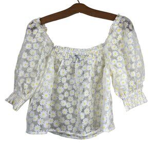 Forever 21 Crop Top Size Small Sheer Daisy Woven White Yellow Floral Sheer New
